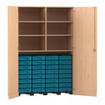 Flexeo Garagenschrank, 6 Fächer, 4 Rollcontainer, 32 kleine Boxen Buche hell, blau  (Zoom)