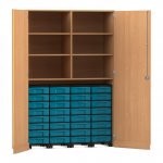 Flexeo Garagenschrank, 6 Fächer, 4 Rollcontainer, 32 kleine Boxen Buche dunkel, blau  (Zoom)