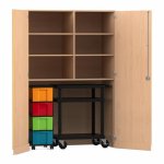 Flexeo Garagenschrank, 6 Fächer, 1 Rollcontainer, 4 Boxen, 1 Transportwagen Buche hell, bunt  (Zoom)