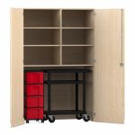 Flexeo Garagenschrank, 6 Fächer, 1 Rollcontainer, 4 Boxen, 1 Transportwagen Ahorn honig, rot  (Zoom)