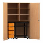 Flexeo Garagenschrank, 6 Fächer, 1 Rollcontainer, 4 Boxen, 1 Transportwagen Buche dunkel, gelb  (Zoom)