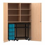 Flexeo Garagenschrank, 6 Fächer, 1 Rollcontainer, 4 Boxen, 1 Transportwagen Buche hell, blau  (Zoom)