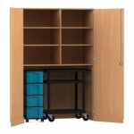 Flexeo Garagenschrank, 6 Fächer, 1 Rollcontainer, 4 Boxen, 1 Transportwagen Buche dunkel, blau  (Zoom)