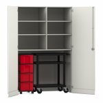 Flexeo Garagenschrank, 6 Fächer, 1 Rollcontainer, 4 Boxen, 1 Transportwagen weiß, rot  (Zoom)