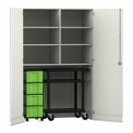 Flexeo Garagenschrank, 6 Fächer, 1 Rollcontainer, 4 Boxen, 1 Transportwagen weiß, grün  (Zoom)