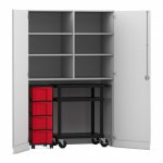 Flexeo Garagenschrank, 6 Fächer, 1 Rollcontainer, 4 Boxen, 1 Transportwagen grau, rot  (Zoom)