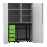 Flexeo Garagenschrank, 6 Fächer, 1 Rollcontainer, 4 Boxen, 1 Transportwagen grau, grün  (Zoom)