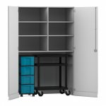 Flexeo Garagenschrank, 6 Fächer, 1 Rollcontainer, 4 Boxen, 1 Transportwagen grau, blau  (Zoom)