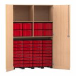Flexeo Garagenschrank, 2 Fächer, 4 Rollcontainer, 32 kleine und 8 große Boxen Buche hell, rot  (Zoom)