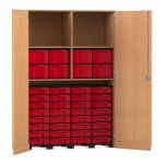 Flexeo Garagenschrank, 2 Fächer, 4 Rollcontainer, 32 kleine und 8 große Boxen Buche dunkel, rot  (Zoom)