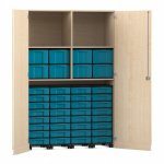 Flexeo Garagenschrank, 2 Fächer, 4 Rollcontainer, 32 kleine und 8 große Boxen Ahorn honig, blau  (Zoom)