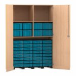 Flexeo Garagenschrank, 2 Fächer, 4 Rollcontainer, 32 kleine und 8 große Boxen Buche hell, blau  (Zoom)