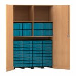 Flexeo Garagenschrank, 2 Fächer, 4 Rollcontainer, 32 kleine und 8 große Boxen Buche dunkel, blau  (Zoom)