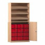 Flexeo Schrank, 3 Schrägablagen, 12 große Boxen, 2 Halbtüren Buche hell, rot  (Zoom)