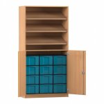 Flexeo Schrank, 3 Schrägablagen, 12 große Boxen, 2 Halbtüren Buche dunkel, blau  (Zoom)