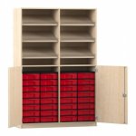 Flexeo Schrank, 6 Schrägablagen, 32 kleine Boxen, 2 Halbtüren Ahorn honig, rot  (Zoom)