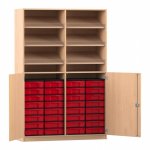 Flexeo Schrank, 6 Schrägablagen, 32 kleine Boxen, 2 Halbtüren Buche hell, rot  (Zoom)