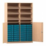 Flexeo Schrank, 6 Schrägablagen, 32 kleine Boxen, 2 Halbtüren Buche hell, blau  (Zoom)