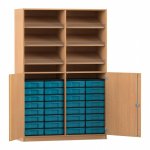 Flexeo Schrank, 6 Schrägablagen, 32 kleine Boxen, 2 Halbtüren Buche dunkel, blau  (Zoom)