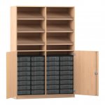 Flexeo Schrank, 6 Schrägablagen, 32 kleine Boxen, 2 Halbtüren Buche hell, transparent  (Zoom)