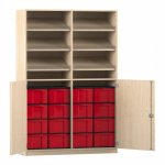 Flexeo Schrank, 6 Schrägablagen, 16 große Boxen, 2 Halbtüren Ahorn honig, rot  (Zoom)
