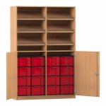 Flexeo Schrank, 6 Schrägablagen, 16 große Boxen, 2 Halbtüren Buche dunkel, rot  (Zoom)