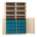 Flexeo Schrank, 6 Schrägablagen, 16 große Boxen, 2 Halbtüren Ahorn honig, blau  (Zoom)