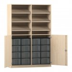 Flexeo Schrank, 6 Schrägablagen, 16 große Boxen, 2 Halbtüren Ahorn honig, transparent  (Zoom)