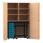 Flexeo Garagenschrank, 6 Fächer, 1 Rollcontainer, 8 Boxen, 1 Transportwagen Buche hell, blau  (Zoom)