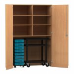 Flexeo Garagenschrank, 6 Fächer, 1 Rollcontainer, 8 Boxen, 1 Transportwagen Buche dunkel, blau  (Zoom)