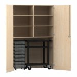 Flexeo Garagenschrank, 6 Fächer, 1 Rollcontainer, 8 Boxen, 1 Transportwagen Ahorn honig, transparent  (Zoom)