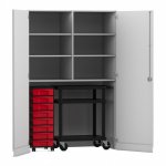 Flexeo Garagenschrank, 6 Fächer, 1 Rollcontainer, 8 Boxen, 1 Transportwagen grau, rot  (Zoom)