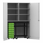 Flexeo Garagenschrank, 6 Fächer, 1 Rollcontainer, 8 Boxen, 1 Transportwagen grau, grün  (Zoom)