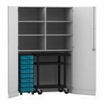 Flexeo Garagenschrank, 6 Fächer, 1 Rollcontainer, 8 Boxen, 1 Transportwagen grau, blau  (Zoom)