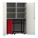 Flexeo Garagenschrank, 6 Fächer, 1 Rollcontainer, 8 Boxen, 1 Transportwagen weiß, rot  (Zoom)