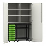 Flexeo Garagenschrank, 6 Fächer, 1 Rollcontainer, 8 Boxen, 1 Transportwagen weiß, grün  (Zoom)