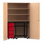 Flexeo Garagenschrank, 3 Fächer, 1 Rollcontainer, 4 Boxen, 1 Transportwagen Buche hell, rot  (Zoom)