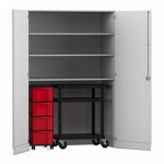 Flexeo Garagenschrank, 3 Fächer, 1 Rollcontainer, 4 Boxen, 1 Transportwagen grau, rot  (Zoom)