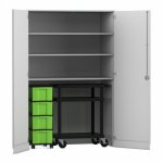 Flexeo Garagenschrank, 3 Fächer, 1 Rollcontainer, 4 Boxen, 1 Transportwagen grau, grün  (Zoom)