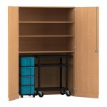 Flexeo Garagenschrank, 3 Fächer, 1 Rollcontainer, 4 Boxen, 1 Transportwagen Buche dunkel, blau   (Zoom)