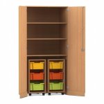 Flexeo Garagenschrank PRO, 2 Rollcontainer, 6 Boxen Gr. M, 3 Fächer Buche dunkel, bunt  (Zoom)