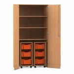 Flexeo Garagenschrank PRO, 2 Rollcontainer, 6 Boxen Gr. M, 3 Fächer Buche dunkel, orange  (Zoom)