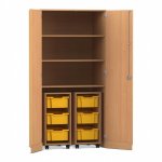 Flexeo Garagenschrank PRO, 2 Rollcontainer, 6 Boxen Gr. M, 3 Fächer Buche dunkel, gelb  (Zoom)