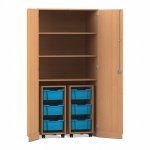 Flexeo Garagenschrank PRO, 2 Rollcontainer, 6 Boxen Gr. M, 3 Fächer Buche dunkel, hellblau  (Zoom)