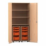 Flexeo Garagenschrank PRO, 2 Rollcontainer, 8 Boxen Gr. S und M, 3 Fächer Buche hell, orange  (Zoom)