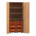 Flexeo Garagenschrank PRO, 2 Rollcontainer, 8 Boxen Gr. S und M, 3 Fächer Buche dunkel, orange  (Zoom)