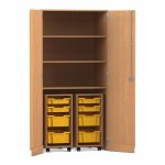 Flexeo Garagenschrank PRO, 2 Rollcontainer, 8 Boxen Gr. S und M, 3 Fächer Buche dunkel, gelb  (Zoom)