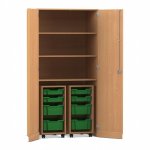 Flexeo Garagenschrank PRO, 2 Rollcontainer, 8 Boxen Gr. S und M, 3 Fächer Buche dunkel, dunkelgrün  (Zoom)