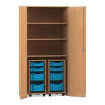 Flexeo Garagenschrank PRO, 2 Rollcontainer, 8 Boxen Gr. S und M, 3 Fächer Buche dunkel, hellblau  (Zoom)