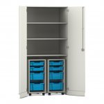 Flexeo Garagenschrank PRO, 2 Rollcontainer, 8 Boxen Gr. S und M, 3 Fächer weiß, hellblau  (Zoom)